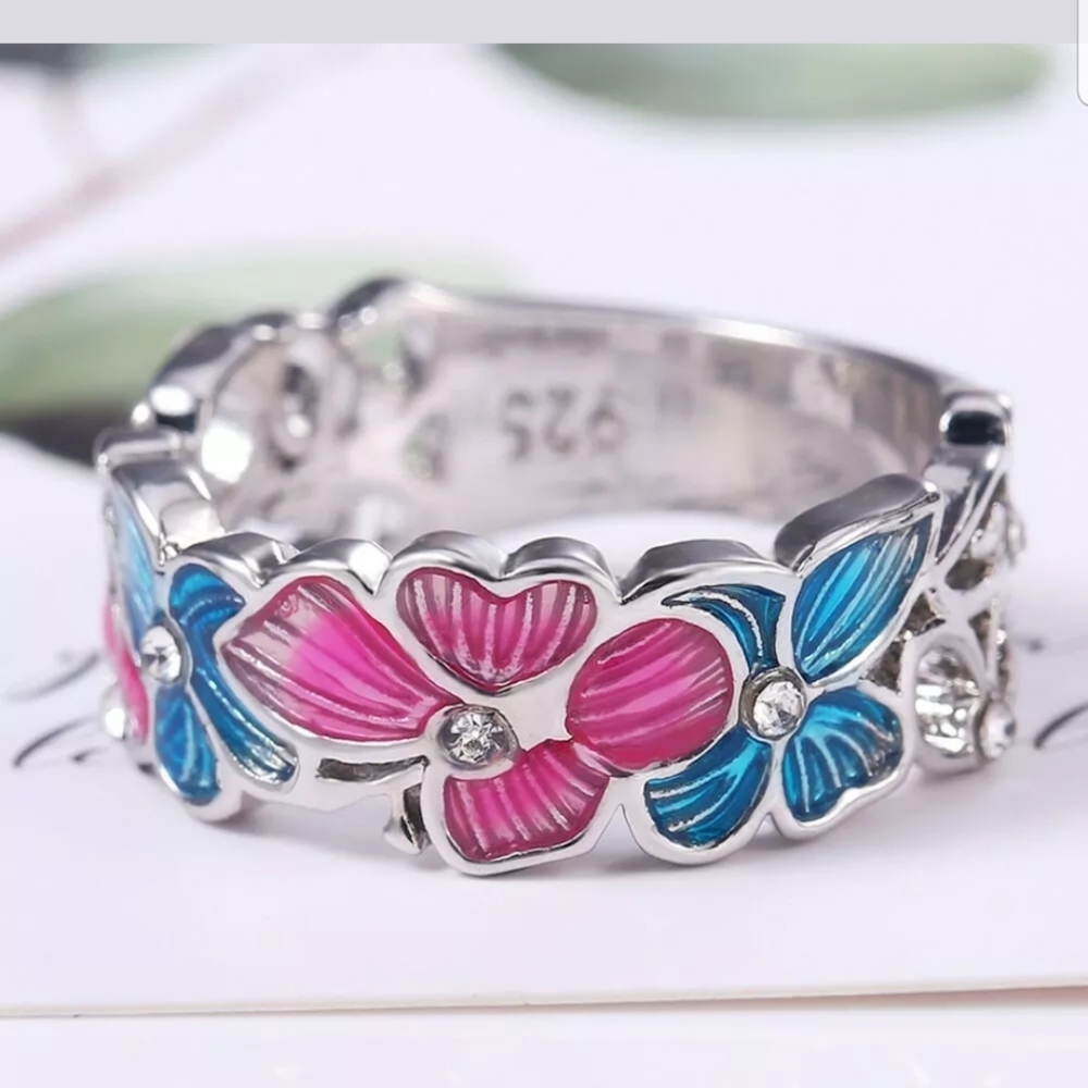 Floral Silver Ring with Pink and Blue Enamel